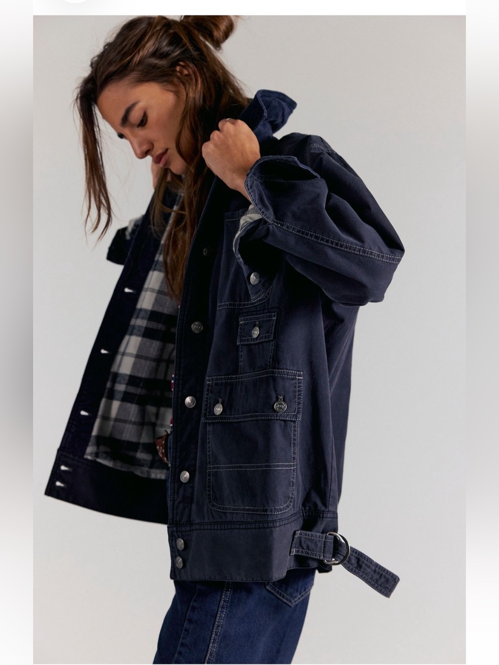 1249. FREE PEOPLE We the Free Sweet Talk Flannel-Lined Barn Coat in Washed Black